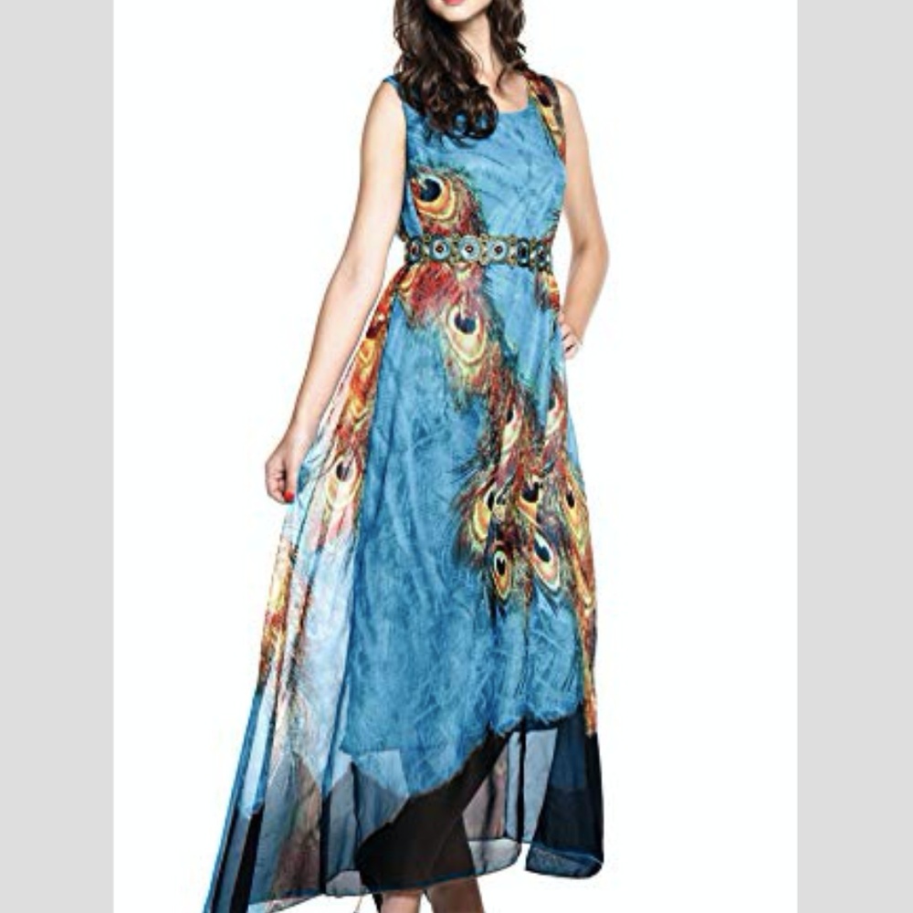 Flowy peacock-patterned dress